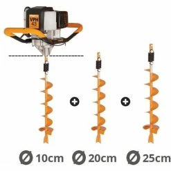 Tarière Thermique 43cc 2 Temps Villager VPH 43 Avec Vrilles 10 20 Et 25cm - Orange