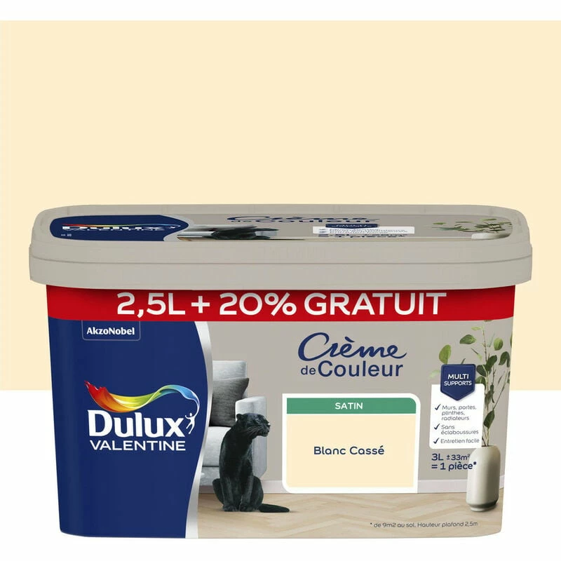 DULUX VALENTINE Crème De Couleur Satin 2.5L +20% Gratuit