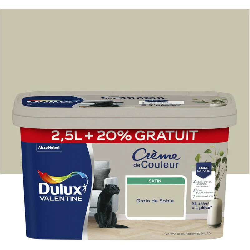 DULUX VALENTINE Crème De Couleur Satin 2.5L +20% Gratuit