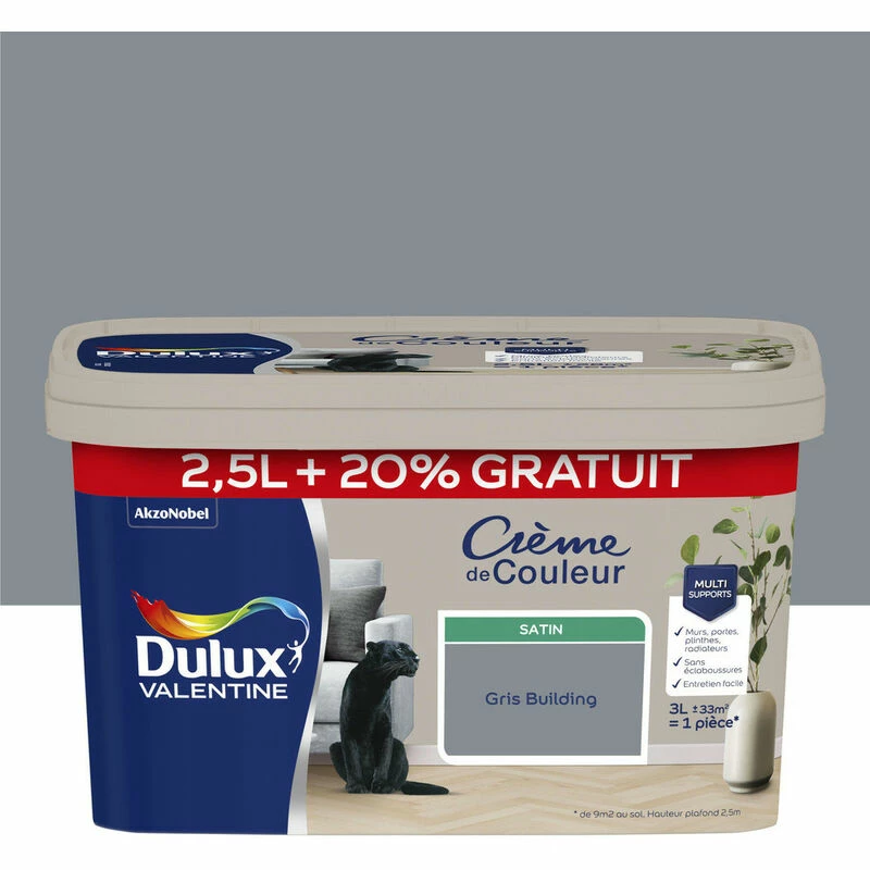 DULUX VALENTINE Crème De Couleur Satin 2.5L +20% Gratuit