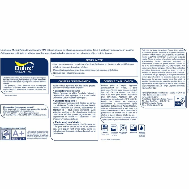 Peinture Blanche Monocouche Pour Murs & Plafonds Intérieur - Edition Limitée Aspect Blanc 10L - Dulux Valentine – Image 4
